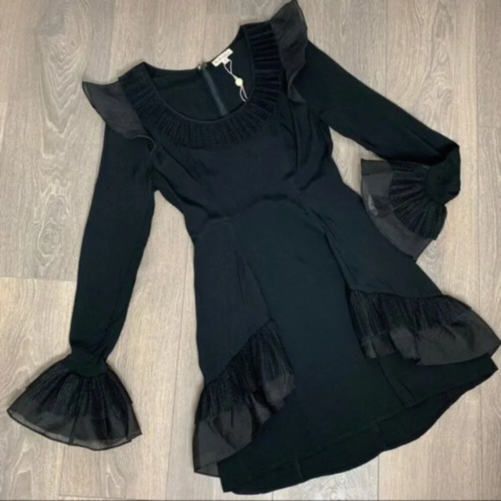 Free People For Love & Lemons Mini Dress XS Flare Sleeve Ruffles Black Prom Grad - Picture 7 of 16